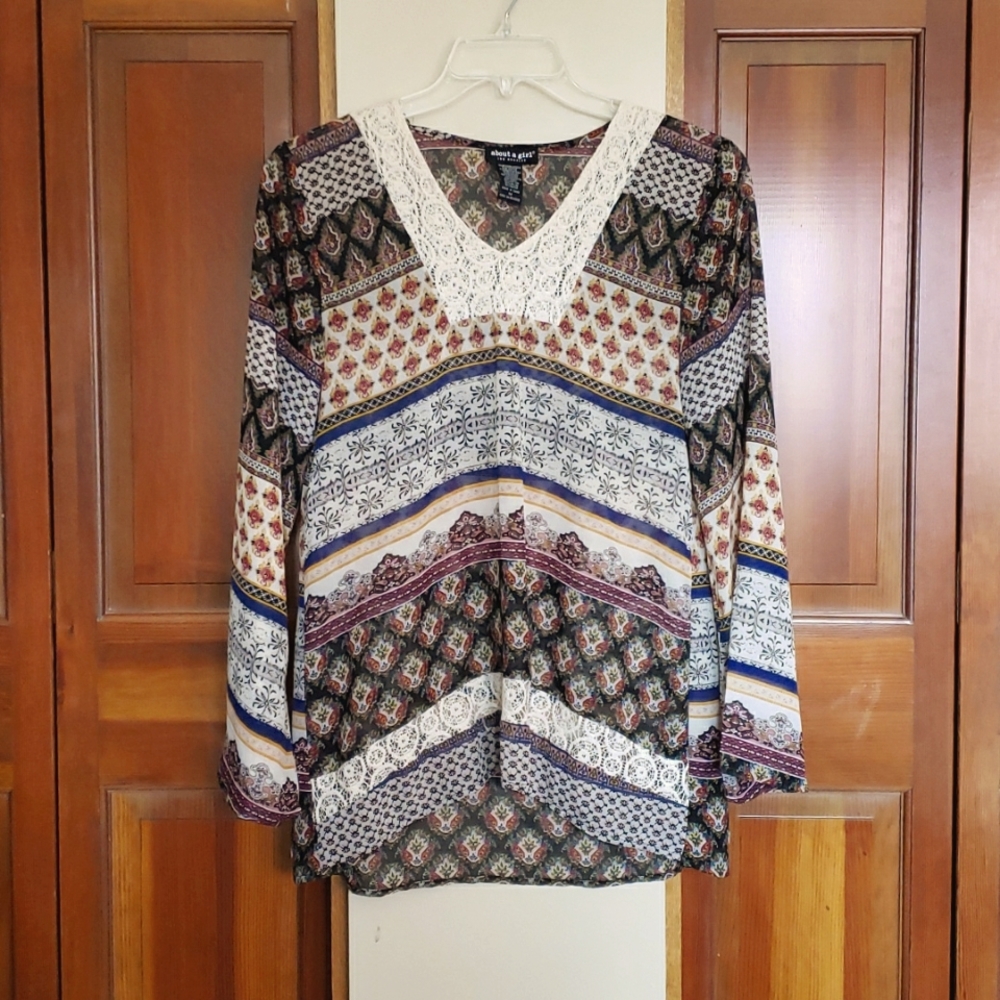 About A Girl Multi-Colored Bohemian Flowy Long-Sleeve Blouse